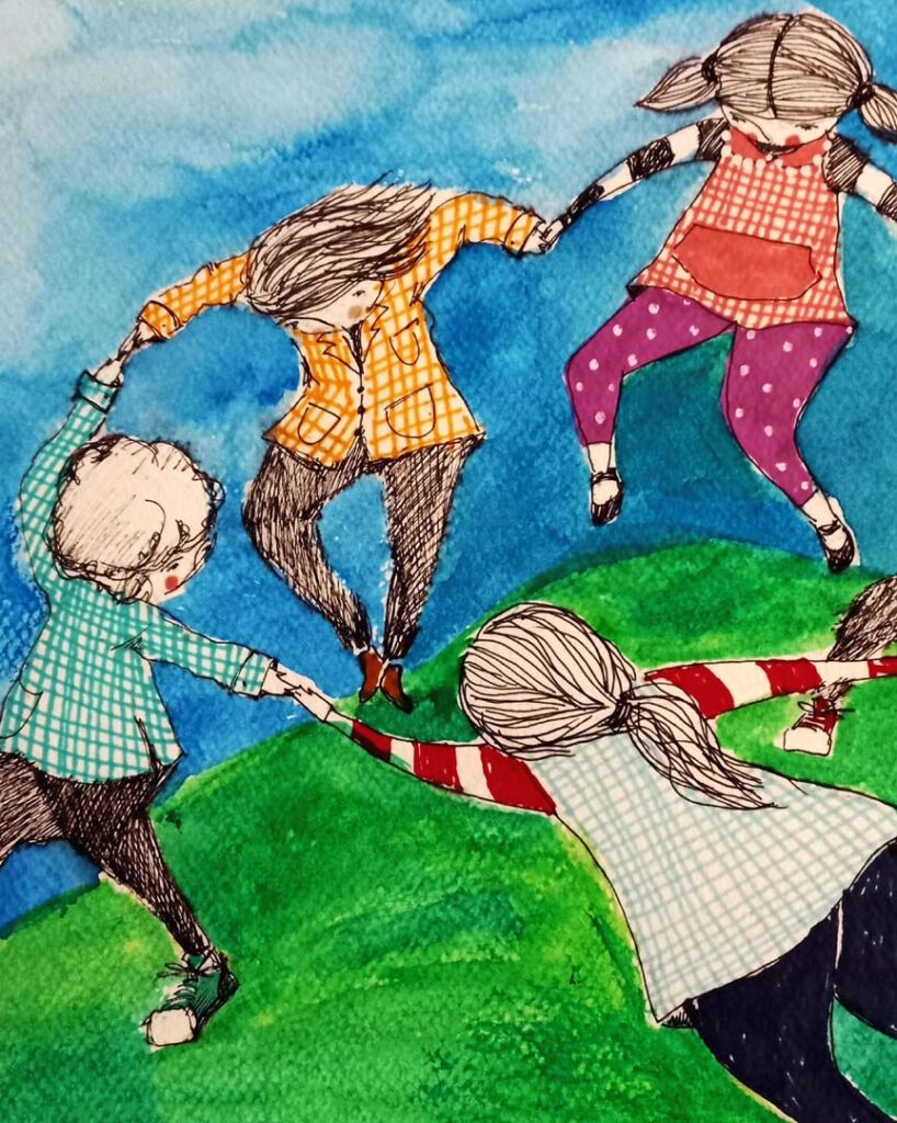 Ilustración de unos niños y niñas jugando en ronda, por Laura Jaite.