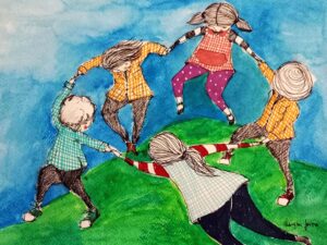 Ilustración de unos niños y niñas jugando en ronda, por Laura Jaite.