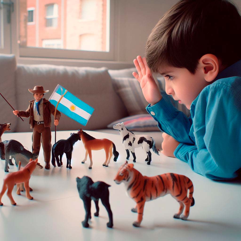 Nene jugando a regañar a los animales de juguete.