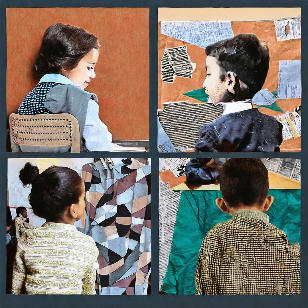 Collage de alumnos de escuela primaria en clases.