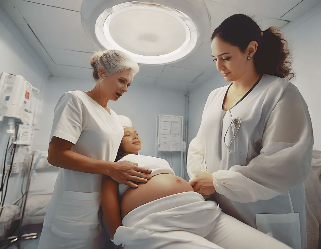 Médica y Obstetra asistiendo a una embarazada.