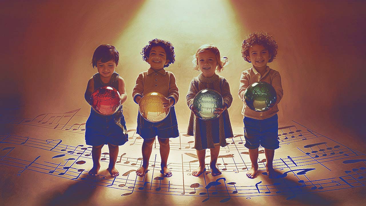 Niños sosteniendo esferas musicales.
