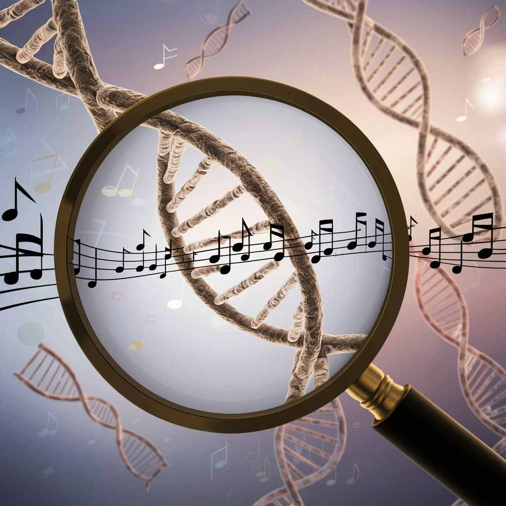 Una lupa examinado la secuencia de ADN y encontrando notas musicales.