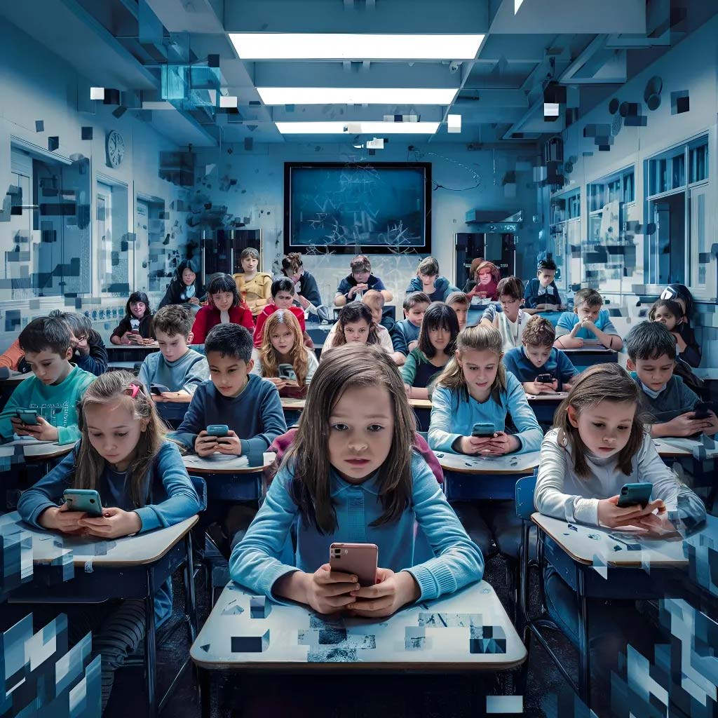 Un aula escolar con alumnos zombies por el celular.