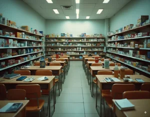 Un aula escolar con góndolas de supermercado.