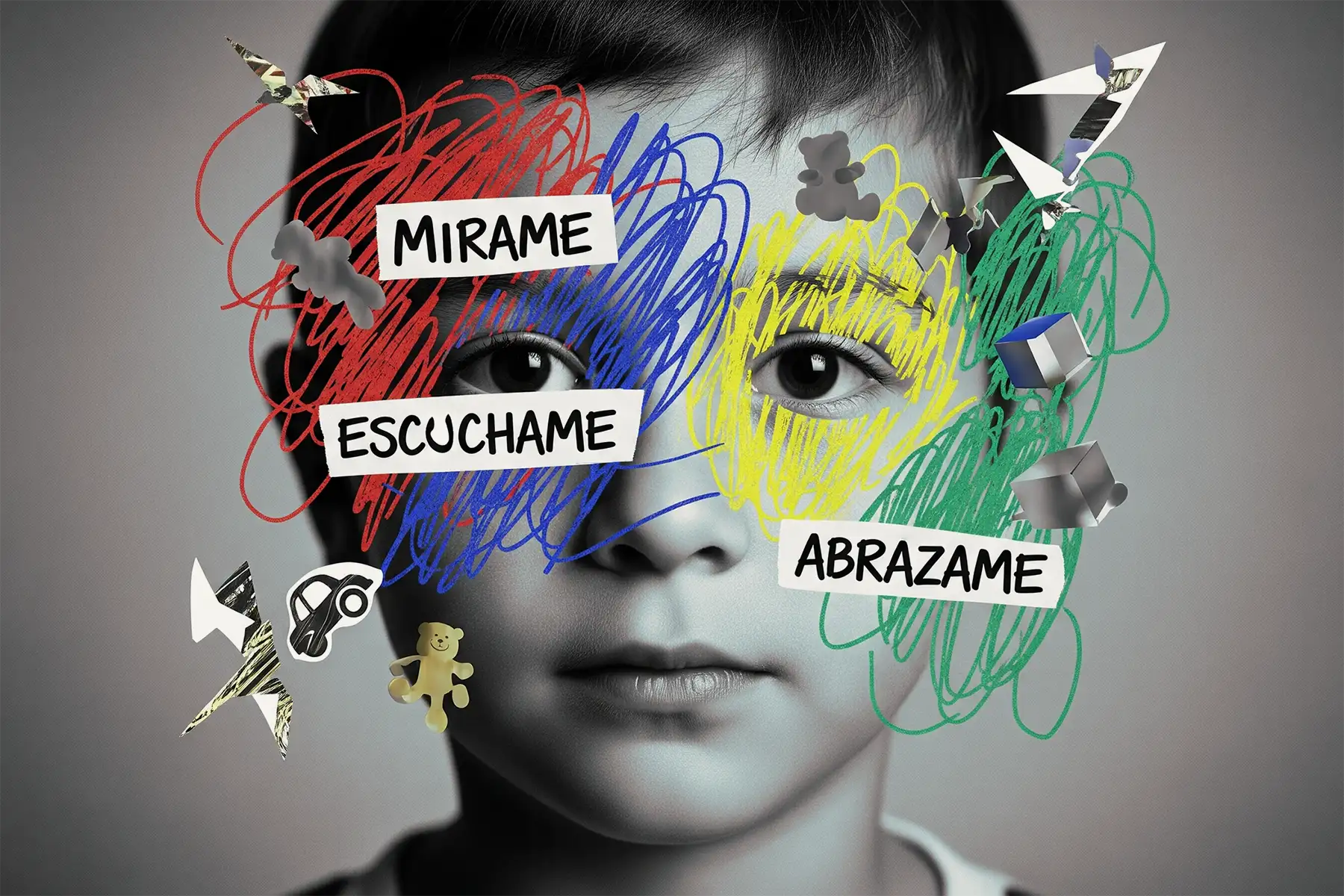 Un niño mirando a cámara pidiendo contención