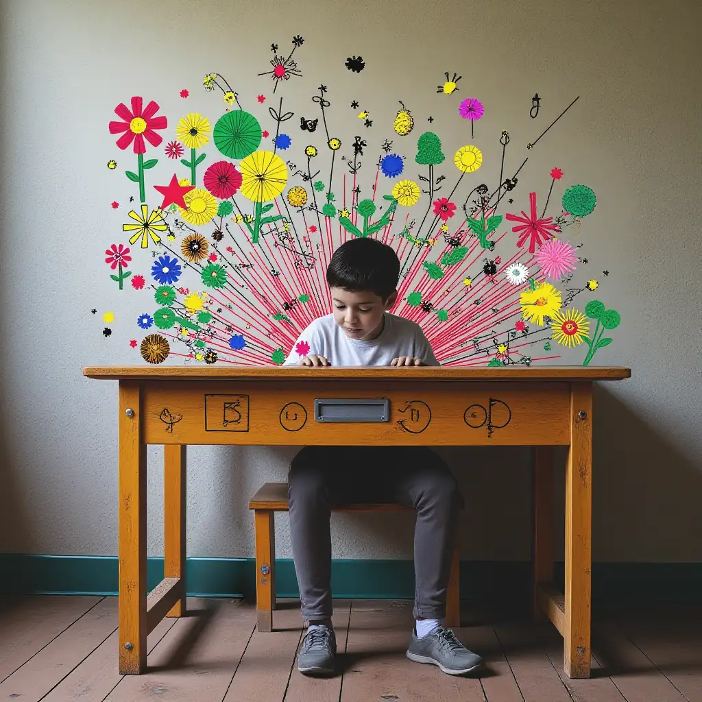 Un niño dibujando plácidamente en su escritorio