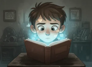 Ilustración que muestra a un adolescente de 16 años, leyendo un libro que se convierte en una pantalla digital de redes sociales.