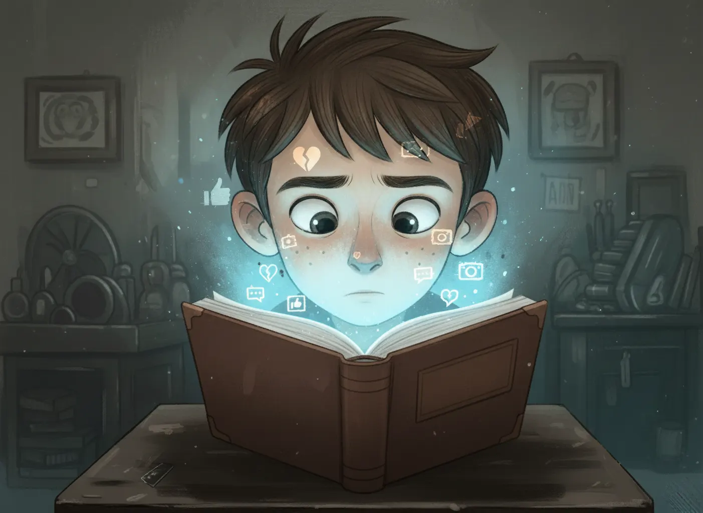 Ilustración que muestra a un adolescente de 16 años, leyendo un libro que se convierte en una pantalla digital de redes sociales.