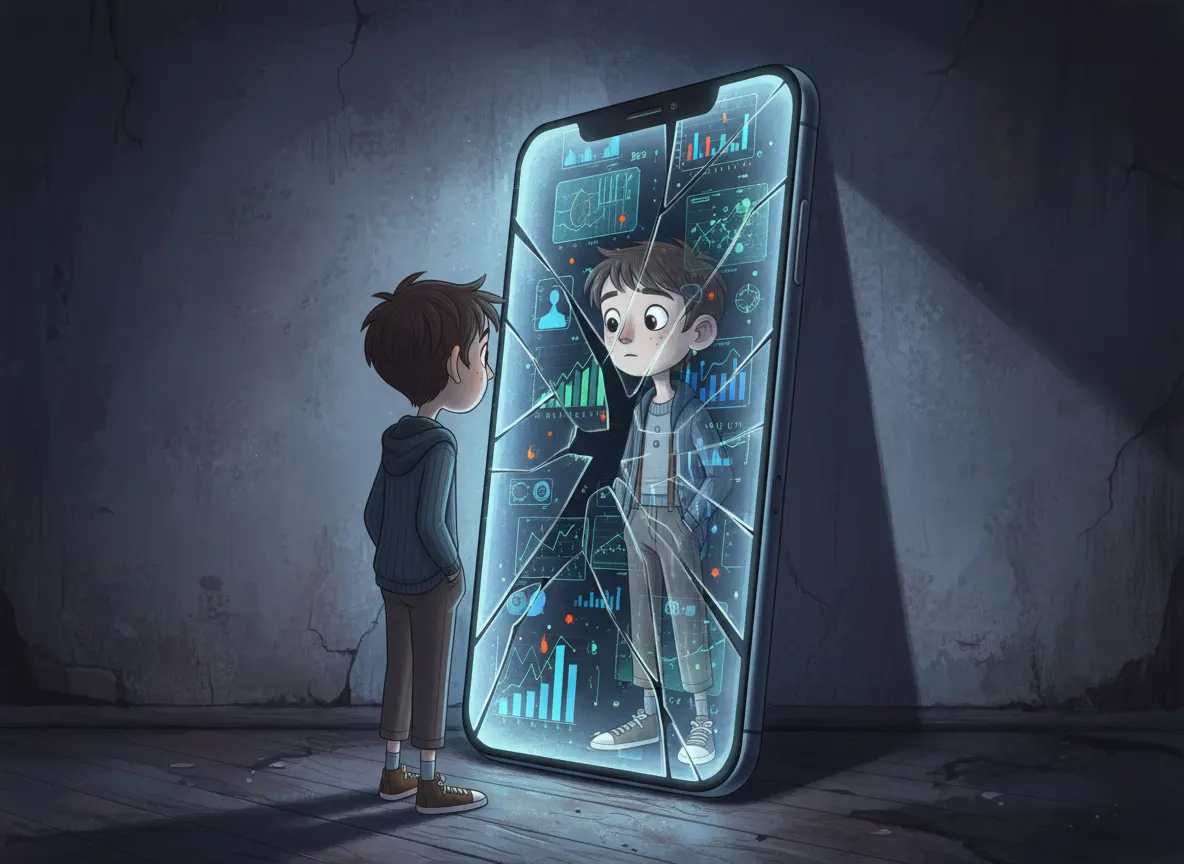 Ilustración que muestra a un adolescente de 16 años, reflejándose en un celular gigante con la pantalla rota u métricas de redes sociales.