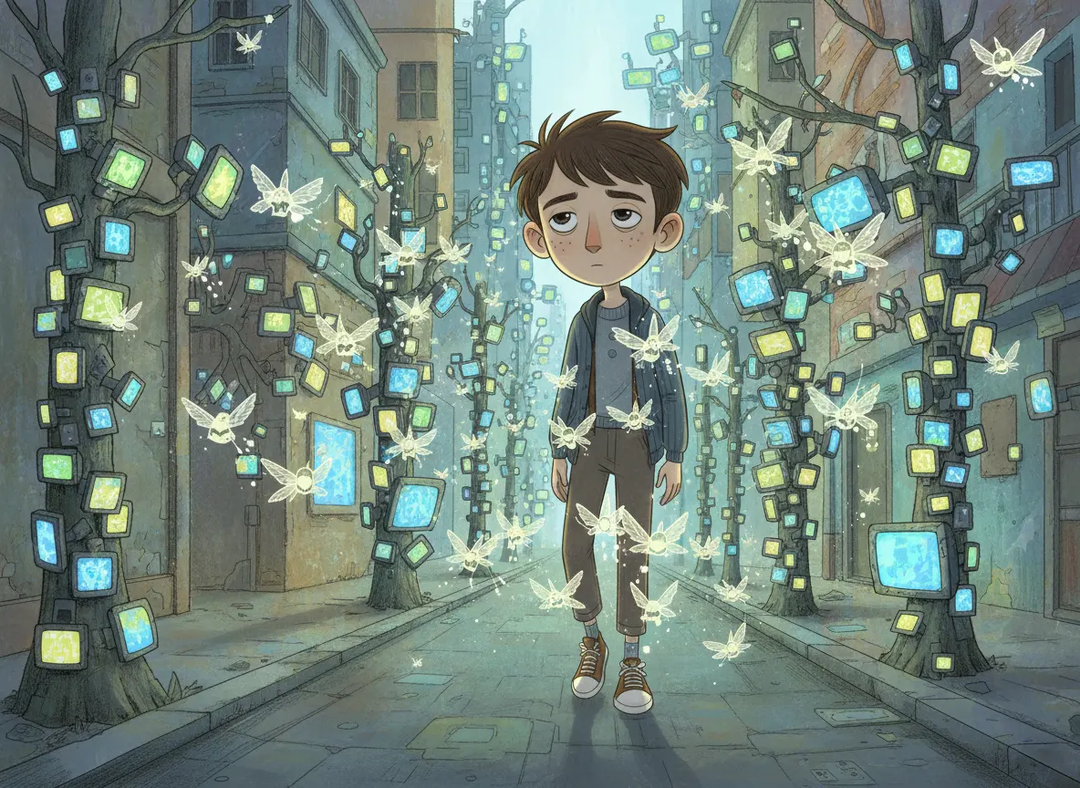 Ilustración que muestra a un adolescente de 16 años, abrumado por las redes sociales mientras camina aturdido por la calle.
