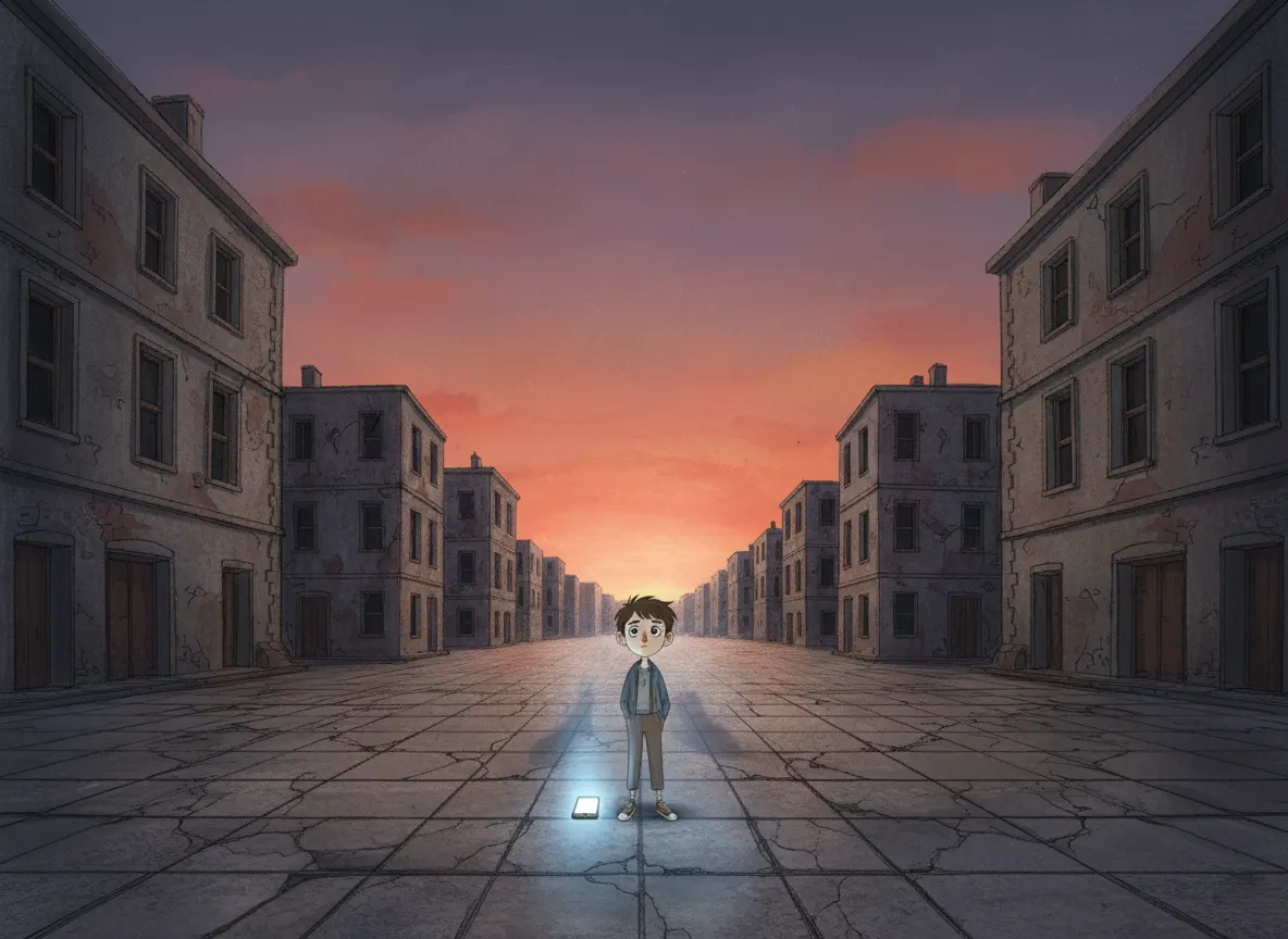 Ilustración que muestra a un adolescente de 16 años, solo en un ámbito público desértico. Con la compaña de su celular.